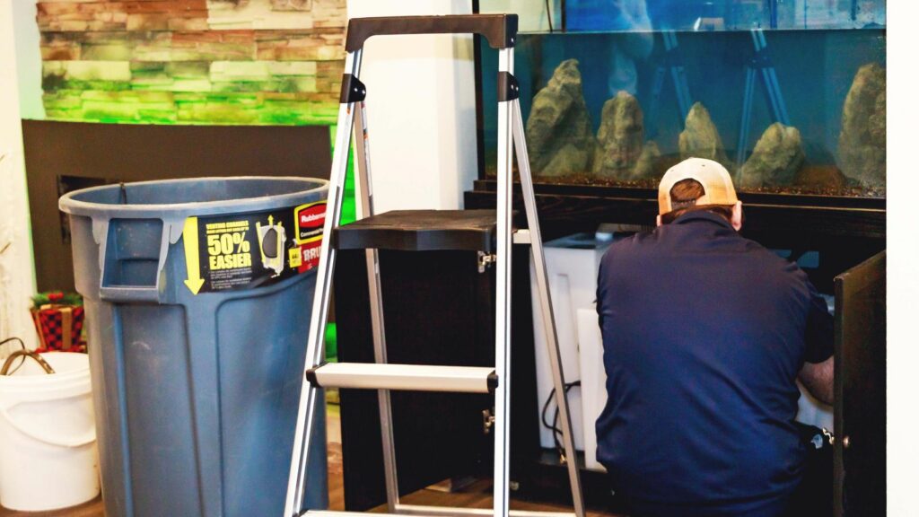 Serenity service technician cleaning aquarium sump system